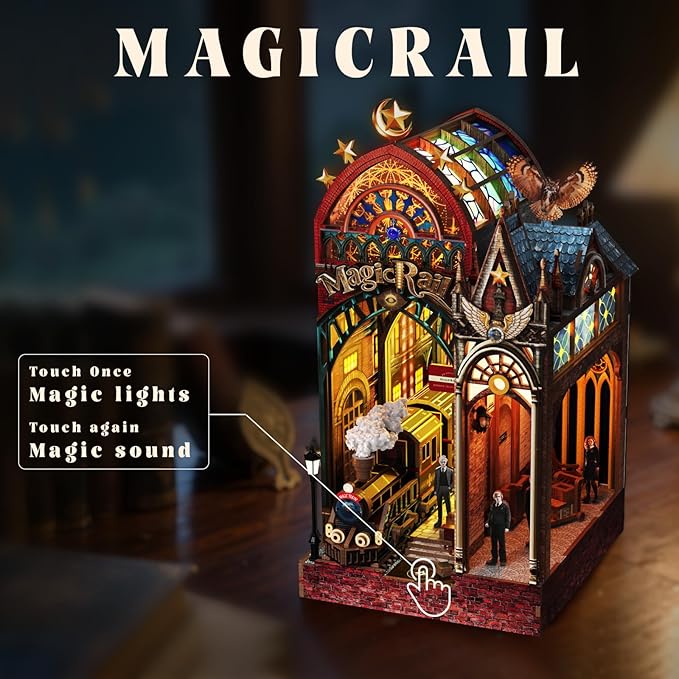LED Book Nook Kit for Adults – DIY Miniature House Kit, Wooden Dollhouse Kit, Booknook Craft Kits, Library Bookshelf Decor, 3D Puzzles for Adults, Book Lovers Gifts, Magic Station