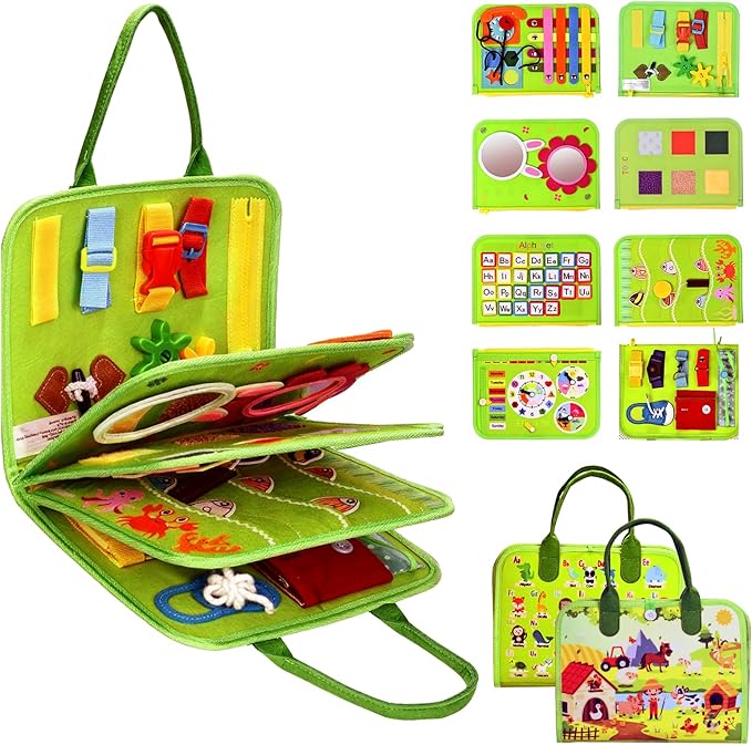 Busy Board Montessori Toys for Toddlers 1-3, Birthday Gifts for 1 2 3 4 Year Old Boy Girl, Autism Sensory Travel Toy, Educational Activity Book Board for Learning Fine Motor Skills Toys, Green