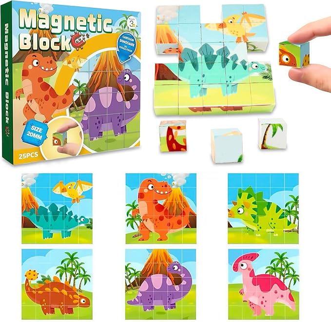 ritastar Magnetic Blocks Building Toy, 25pcs Mine Stacking Magnet Build Cubes Cartoon Pattern World,STEM Sensory Construction Toys for Kids Gift,Educational Jigsaw Puzzle Set with 3D Dinosaur Designs