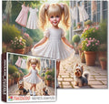 Tucocoo 1000 Piece Jigsaw Puzzle for Adults, Cute Girl with Yorkie Dogs in Flower Garden – Whimsical Courtyard, Vintage Aesthetic Puzzle for Relaxation, Family Games DIY Crafts Puzzles Wall Art Gifts