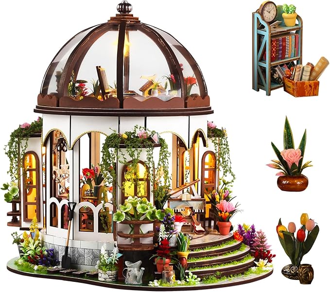 DIY Miniature Garden Dollhouse Kit - 1:24 Scale Wooden Flower Greenhouse Room Craft with Furniture for Book Nook Decor - Present for Women, Girls, and Boy (Round Garden)
