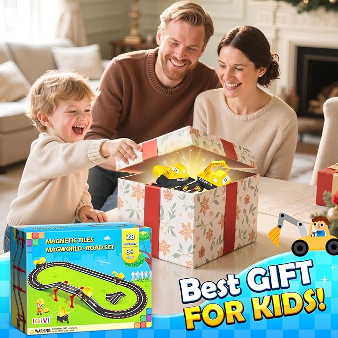 Magnetic Tiles Road Race Track with Engineering Car, Magnetic Building Blocks for Toddler Kids Toys, Educational Construction Toys Gift for 3+ Year Old Boys and Girls
