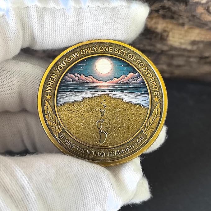 CYOUNG Footprints in The Sand Christian Challenge Coin - Inspirational Scripture Medallion with Dual-Sided Design