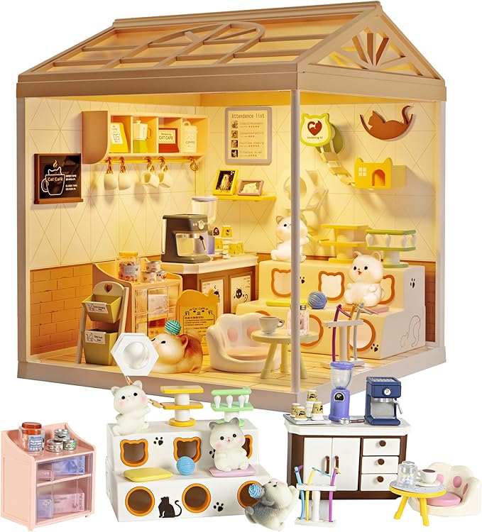 DIY Miniature House Kit Plastic House Building Toy Set with Roof & 2 Doors, Mini Dollhouse Kit with LED for Mini Figures Construction Toys Diorama Kit Gifts for Teens Adults (Happy Cat Pet)