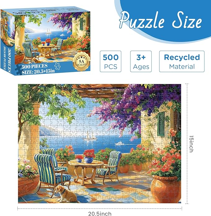 500 Pieces Puzzle for Adults, Beach and Boat Jigsaw Puzzle 500 Piece, Puppy and Colorful Flower 500 Pieces Jigsaw Puzzle, Challenging Game Home Decor Toy for Adults Kids Seniors 20.5 * 15 in