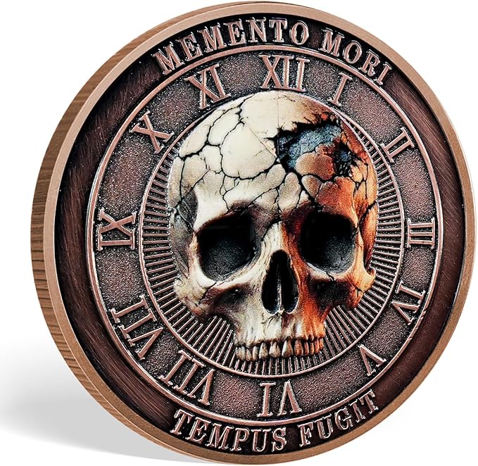 AtSKnSK Memento Mori Coin Momento Mori Coin Skull Coin Stoic Gifts Memento Mori Calendar Living Memento Mori Amor Fati Coin (Time Disc Skeleton)