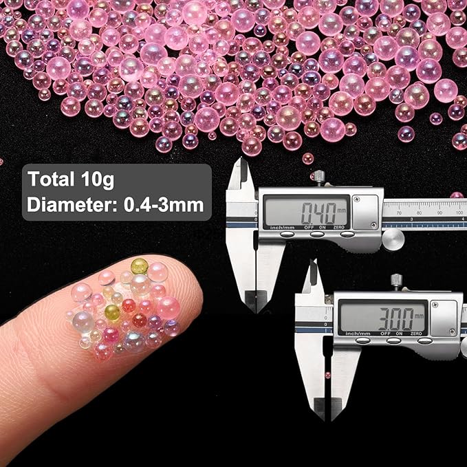 Iridescent Glass Tiny Bubble Beads, 0.4-3mm 10g No Hole Micro Mini Round Korean Pink Water Droplets Beads - Applications: for Resin Filler, Nail Art, Dollhouse Bath Tub