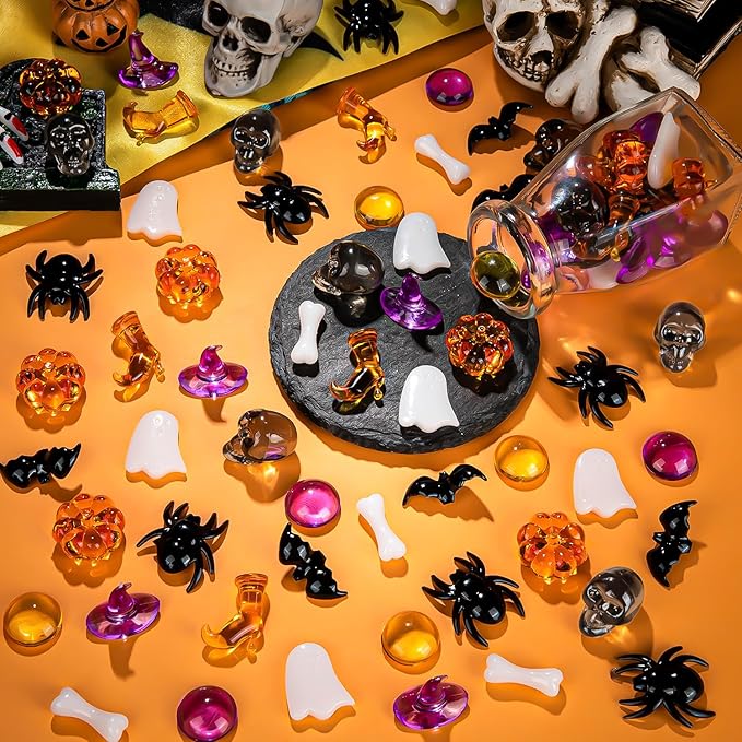 120 Pcs Halloween Vase Filler, Mini Acrylic Witch Hats Pumpkin Ghost Skull Bat Spider for Centerpieces Table Decorations