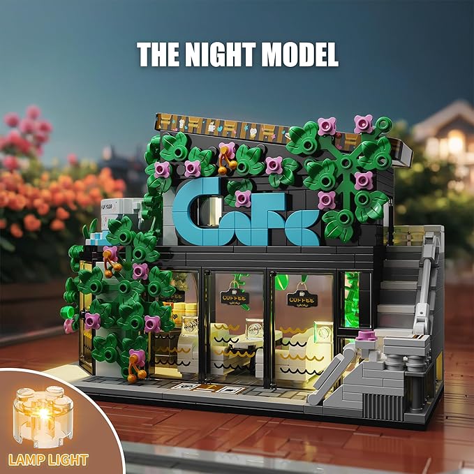 Flower Coffee Shop Building Block Set with LED Lights,STEM Cafe House Building Toys,Coffee Garden House Architecture Model,Birthday Gift for Adults Boys Age 8-12(564Pcs)