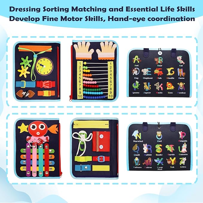 MAJAVI Toddler Busy Board Montessori Educational Learning Sensory Toys for 1 2 3 4 Year Old, Felt Busy Book Christmas Birthday Gifts for Toddlers Travel Toys for Airplane Car, Black