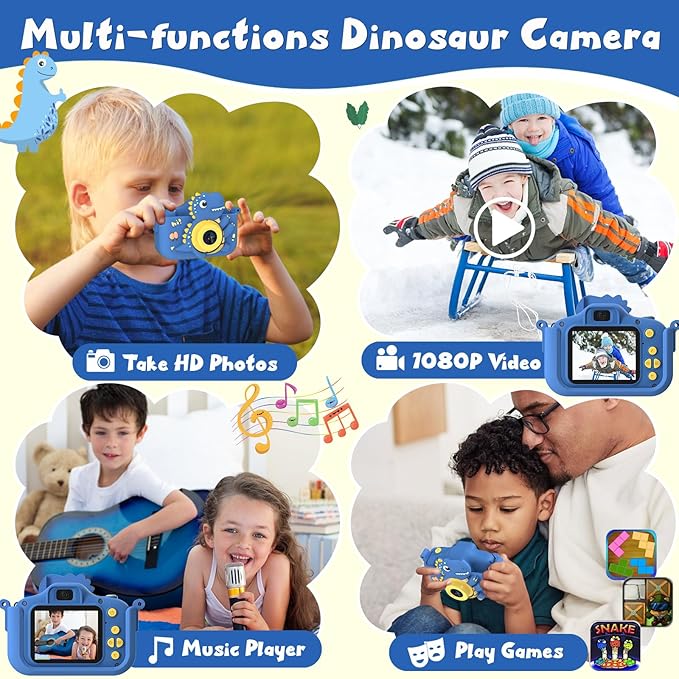 Dinosaur Kids Camera, Toddler Camera, Christmas Birthday Gifts Toys for Boys Age 3-12 Years, HD Selfie Kid Digital Camera with 32GB Card, Dinosaurs Toys for Kids 3 4 5 6 7 8 Years Old Gift (Blue)