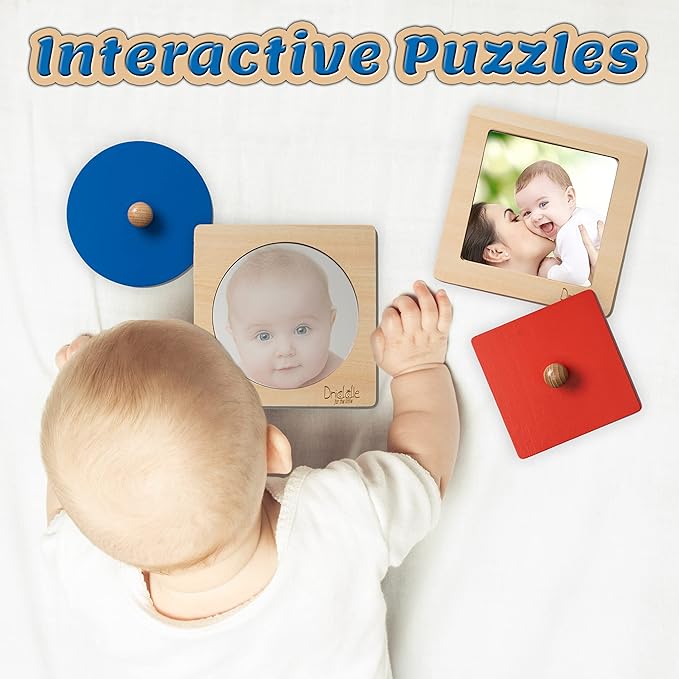 Montessori Toys - Wooden Knob Shape Puzzles - Mirror & Photo Insert - Learn Colors & Shapes Interactive Baby & Toddler Toys
