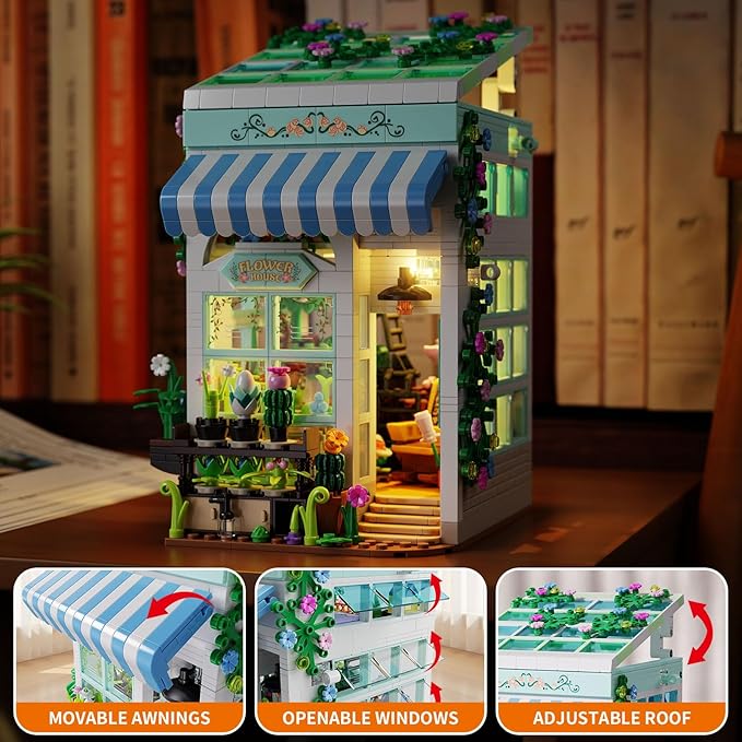 Flower House Building Set with LED Light, 1077 PCS Greenhouse Model Building Toy with Flowers Potted Plants, Garden House Book Nook Home Decor Birthday Gift for Adults Teens Girls Age 8-12
