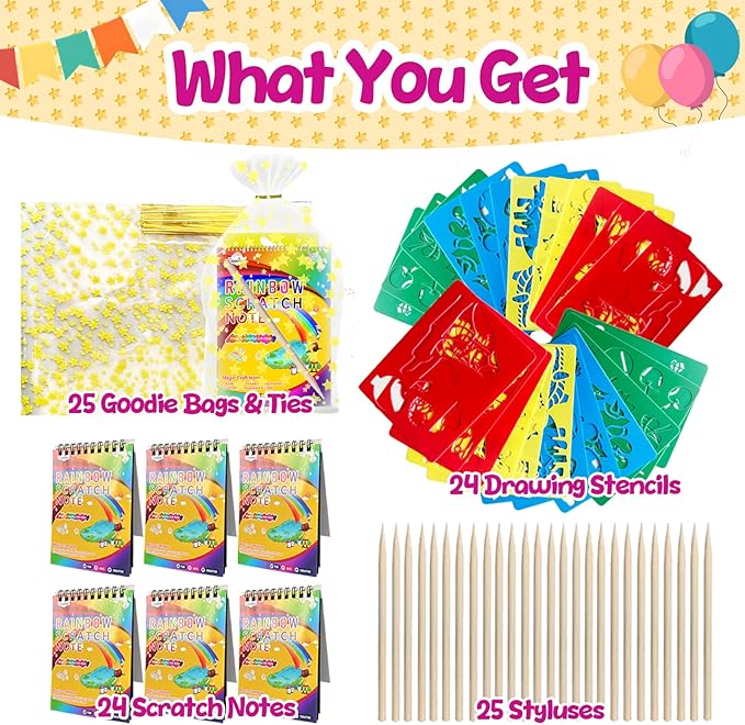 Decojoy Party Favors for Kids 4-8, Scratch Art Birthday Return Gifts, Bulk Rainbow Scratch Paper Notebook 24 Sets Supplies, Cool Craft Kit Goodie Bags Stuffers for Girls Boys School Classroom