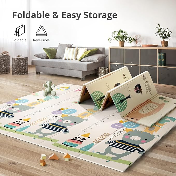 UANLAUO Baby Play Mat,79"x 71" Large Mat for Floor,Reversible Floor Mat,Foam Thick&Waterproof,Foldable Playmats for Babies and Toddlers,Anti-Slip for Baby Crawling,Non-Toxic Tummy Time(Bear)