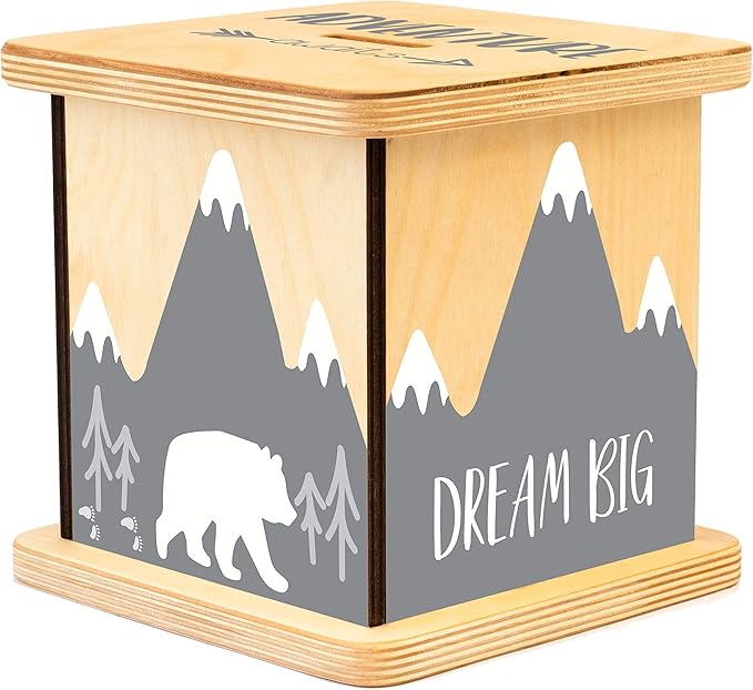 Wooden Piggy Bank for Kids and Adults, Personalized Gift Handmade in USA by BloomOwl, Custom Piggy Bank, Personalized Banks for Kids, Gifts for Baby Boys and Girls (Bear and Mountain)