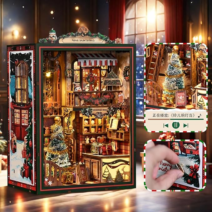 Book Nook Kit - DIY Miniature Dolls House Kit with Furniture and LED Light, 3D Puzzle Wooden Art Bookends, Model Kits for for Adults and Teens (Christmas Shop)