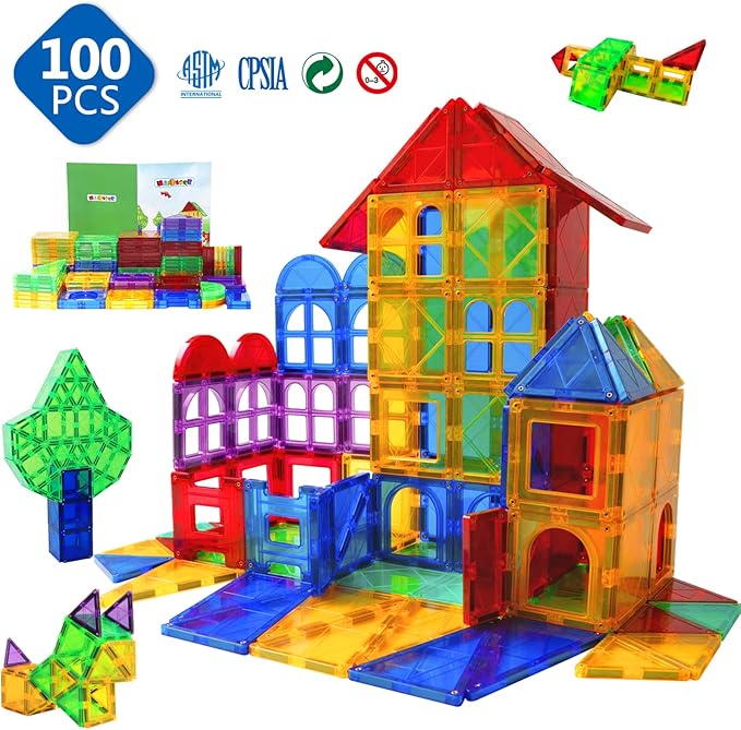 MAGBLOCK Magnetic Tiles Toys for Kids Magnet Building Tiles 100 Pcs Magnetic Blocks Preschool Building Sets Educational Toys for Toddlers Boys and Girls.