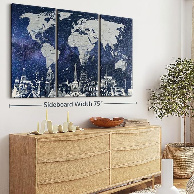 ElephantStock Starry World Map Multi Piece Canvas - 3 Panel Wall Decor - Map of the World Art - Canvas for the Office and Home - 74" X 48"