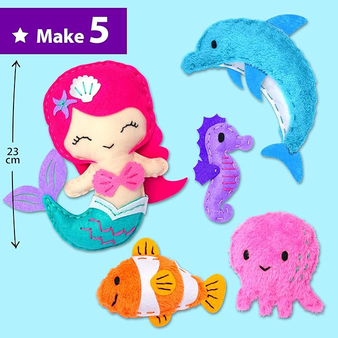 KRAFUN Mermaid Sea Animals Beginner Sewing Kit for Kids Art & Craft kit, Includes 5 Soft Plush Dolls, Instructions & Felt Materials for Learn to Sew, Embroidery Skills, Gift for Girls Educational