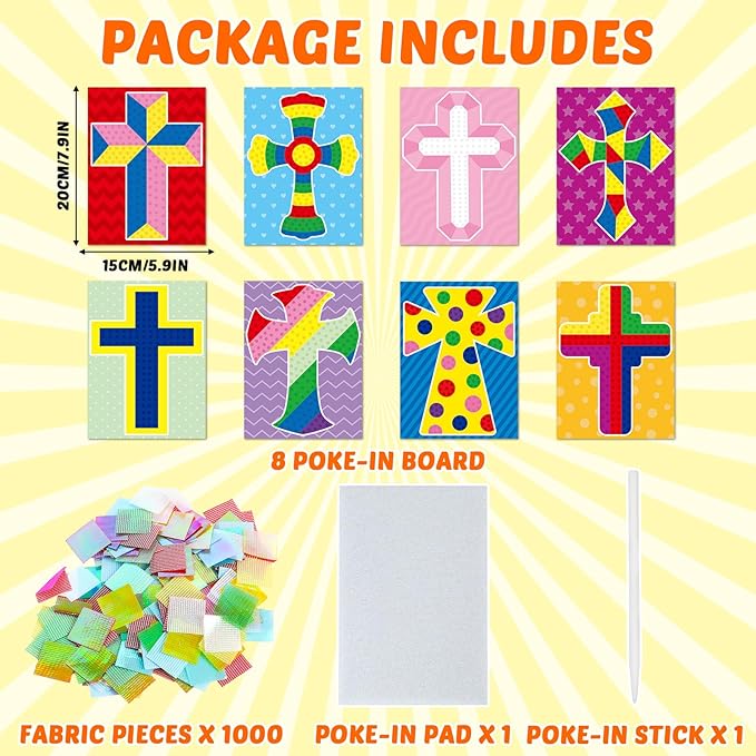 8PCS Poke-in Craft and Art Kit Kids Religious Cross Themed No-Mess Fabric Sewing Art Girl Boy 4-12 Puzzle Puncture Painting Christian Sunday School VBS Creative Activity Game Birthday Party