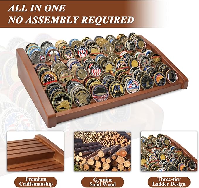 Challenge Coin Display Holder, 12 Rows Solid Wood Military Coin Stand Holds 80-100 Coins, Army Coin Display Rack for Desk (Walnut Finish)