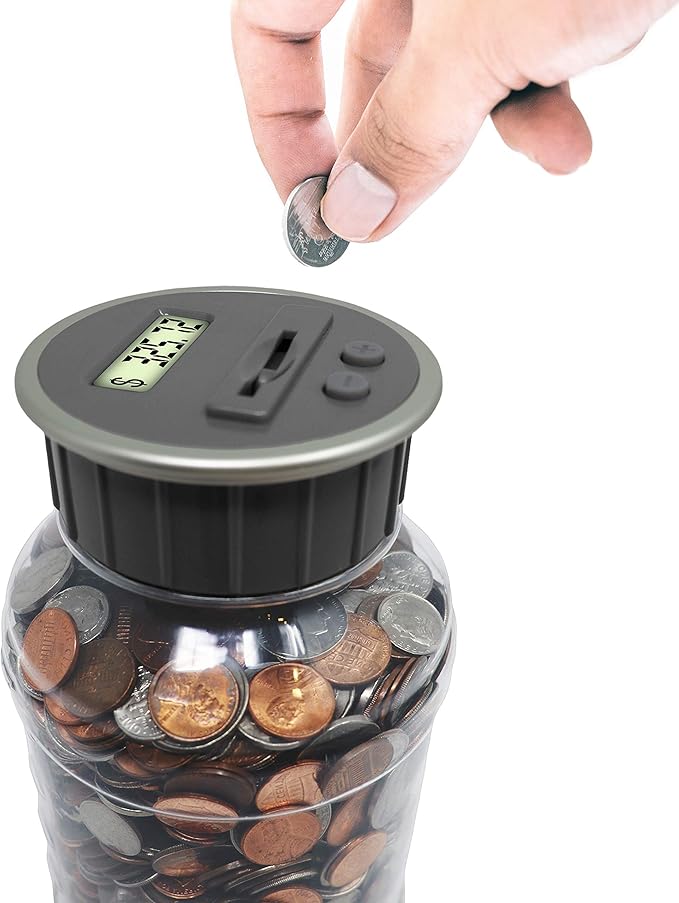 Teacher's Choice Digital Coin Bank, Savings Jar, and Piggy Bank | Automatic Coin Counter Totals All U.S. Coins Including Dollars and Half Dollars - Original Style, Clear Jar w/Grey Lid