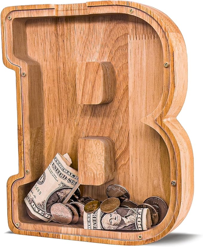 Wooden Letter Piggy Bank for Kids Larger Alphabet Letter Bank for Boys Initial Coin Bank Personalized Piggy Bank Wood Money Save Box for Birthday and Festival-Upgrade 9"" B Piggy Bank