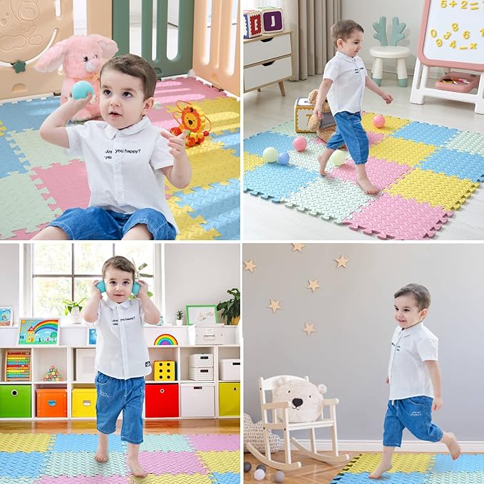 16 Tiles Foam Play Mat for Baby, Soft & Safe EVA Foam Mats for Floor, Square Baby Play Mat, Colored Kids Foam Puzzle Floor Mat, 47x47 Play Mat for Playpen(Pink/Yellow/Light Blue/Green)