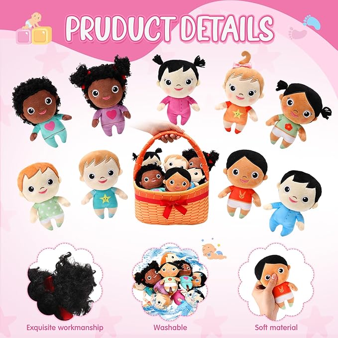 HyDren Basket Plush Baby Dolls, Set of 10 Soft Multicultural Sensory Dolls 6'' Plush Diversity Toys for Preschool Classroom, Easter Toddler Baby Toys for Kids Girls Boys All Ages