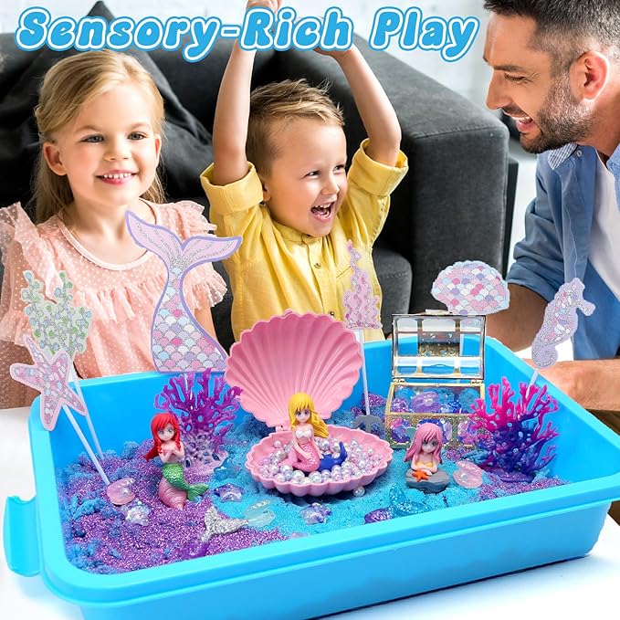 CORPER TOYS Ocean Mermaid Sand Art Kit for Kids with Magic Sand, Seashell & Treasure Accessories Sensory Bin Toys for Toddlers Girls Gift for Birthday Christmas