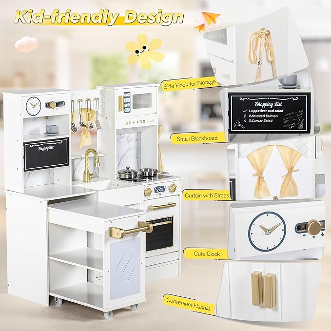 Kids Play Kitchen with Removable Cart, Wooden Toddler Kitchen Playset with Oven, Stove, Sink, Coffee Maker, Pretend Play Toy Kitchen Set for Children Boys Girls Ages 3