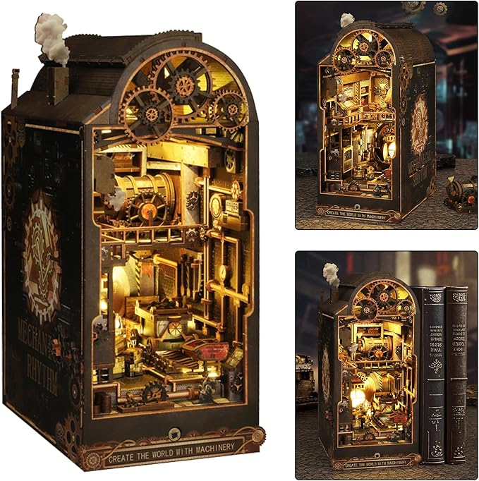 ISSEVE Book Nook Kit, 3D Wooden Puzzle DIY Miniature House Kit for Booknook Shelf Insert Decoration, Magic Book House Stand Bookshelf Dollhouse for Adults with Sensor Ligh (Mechanical Rhythm)
