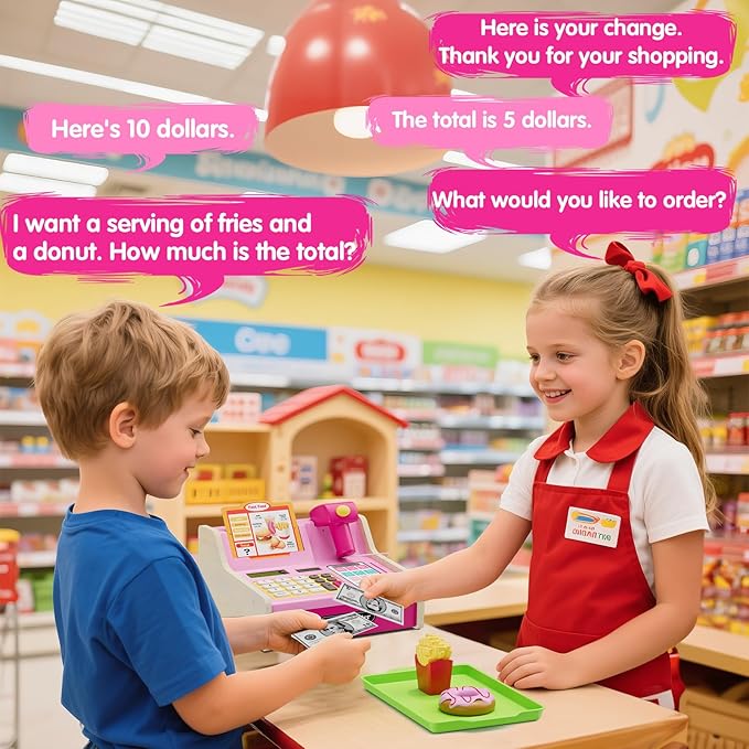 Wooden Cash Register for Kids with Real Calculator, Rechargeable Cash Register Toy with Scanner/Play Money/Food/Credit Card/Menu, Pretend Play Toys Gifts for Boys Girls Ages 3-8,Color