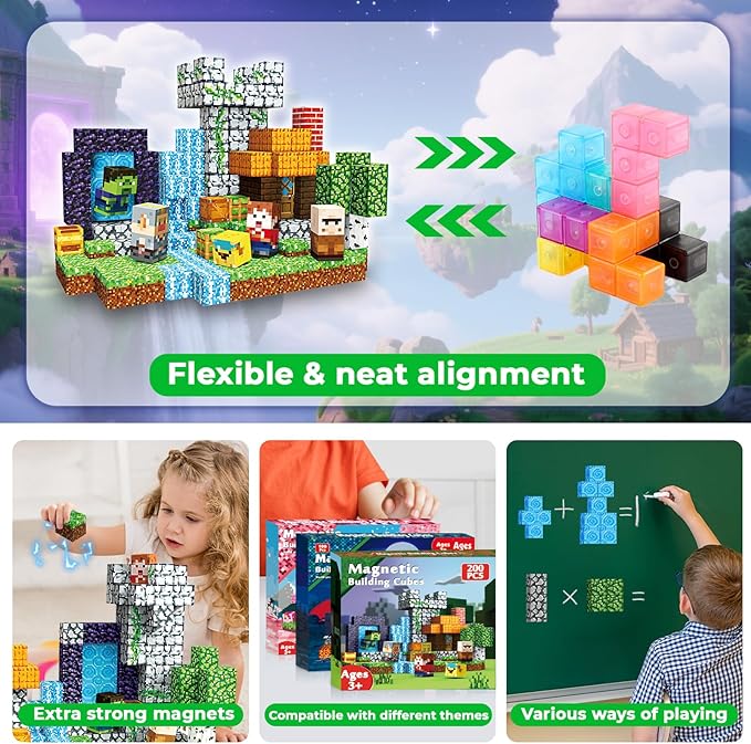 Goody King 200 Pcs Magnetic Blocks Set, STEM Sensory Magnet Toys for Kids Age 3+, Montessori Learning Toy Building Set for Toddlers, Magnetic Cubes Construction Kit Birthday Gift for Boys Girls Kids