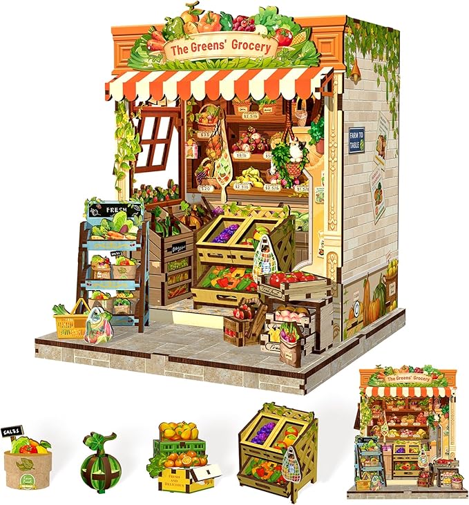 CUTEBEE Book Nook Kit - DIY Miniature House Dollhouse Kit for Adult and Teens, Booknook Bookshelf Decor with LED Light, Gifts for Family and Friends (The Greens’ Grocery)