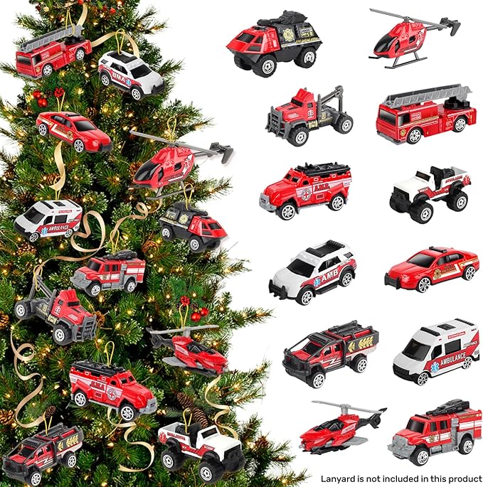 Oriate Fire Truck Vehicle Toys with Flatbed Trailer & Various Traffic Road Signs, Diecast Firetruck for 3 4 5 6 7 Year Old Boys Girls, Ambulance, Helicopter, Fire Rescue Theme Stickers
