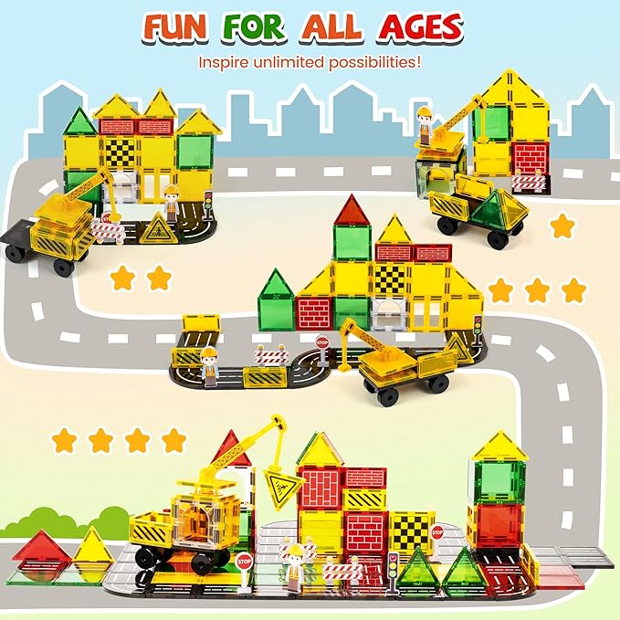 cossy Magnetic Tiles Road Set, Magnet Tiles with Mobile Crane, Magnetic Tiles for Kids Ages 4-8, STEM Toys, Magnet Blocks for Boys and Girls, Creative Building Toys, Engineering