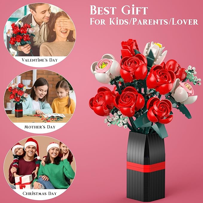 Flowers Bouquet Building Set, Roses Building Set with Vase, Home Office Creative Decoration, Valentine Day, Birthday, Christmas Ideal Gift for Kids, Adults - 841Pcs