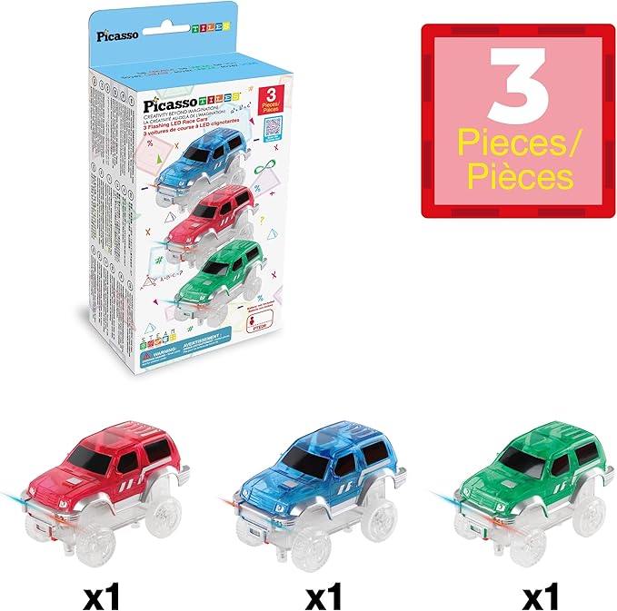 PicassoTiles 3 Magnetic Toy Cars Set Light Up LED Highly Detailed Compatible with Magnet Car Race Track STEM Truck Replacement Accessories Educational Building Kits for Toddlers Boys & Girls Ages 3+