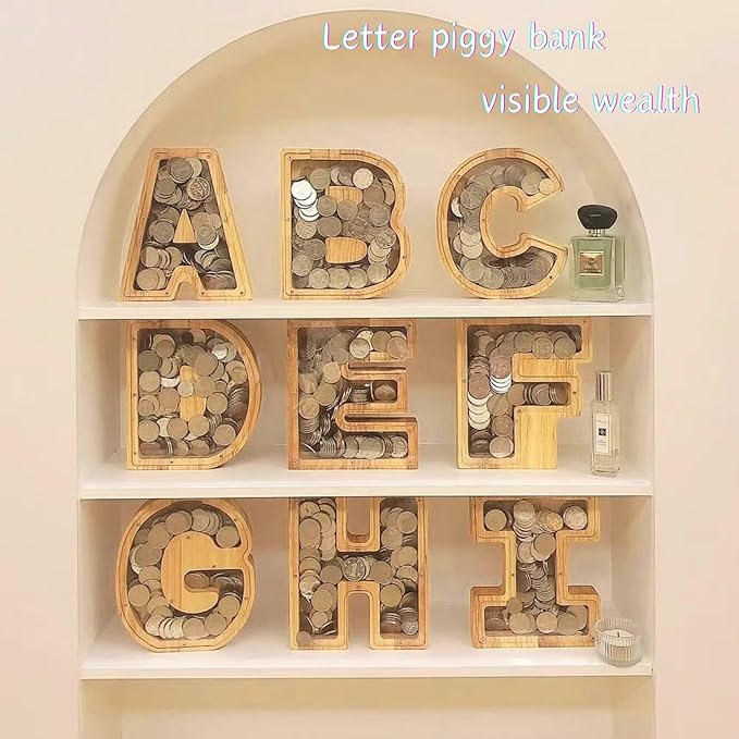 Wooden Alphabet Piggy Bank Clear Acrylic Panel Coin Savings Box Personalized Money Bank for Kids Boys Girls Adults, Birthday Home Décor(H)