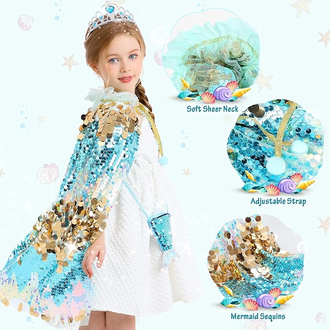 Princess Dress Up Toys Mermaid Dress Up Cape Kit 9 Pcs Gift Set for Little Girls 3-8 Years Old