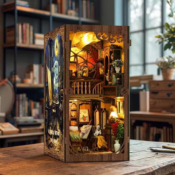 ISSEVE Book Nook Kit, DIY 3D Wooden Puzzle Dollhouse Booknook for Adults, Tiny Miniature House Kit Bookshelf Decor w Dust Cover, Halloween for Crafts Book Lovers (Painter’s Studio)