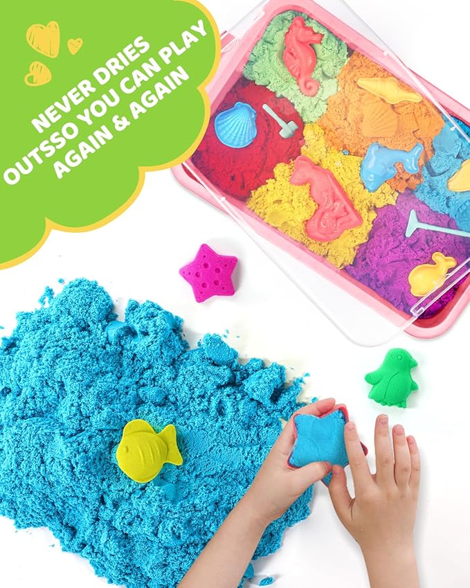Play Sand with Sensory Bin Toy for Kids, 8 lb of 7 Colored Bulk Magic Sand with Sandbox for Toddlers, Sensory Sand Kit for Boys and Girls Age 3-8 (Green)
