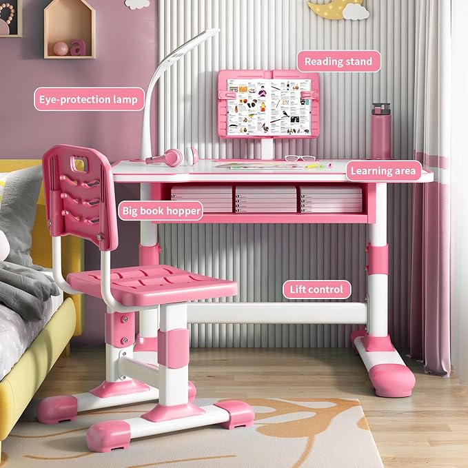 2025 NEW Kid's Study Desk and Chair Set, Ergonomic Height Adjustable Children Study Desk with Tilt Desktop, Book Stand, Light, Metal Hook and Storage Drawer,Gift for Boys Girls (Pink 70cm light)