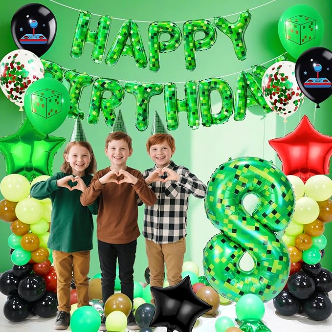 40in TNT Pixel Number 8 Balloon Birthday Decorations, Miner Theme Green Foil Balloons Blast Gaming Party Supplies