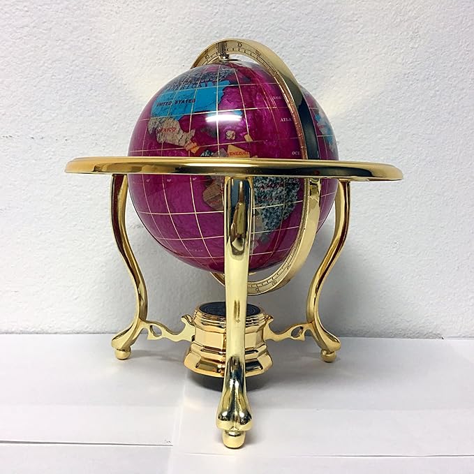 Unique Art Since 1996 10-Inch Tall Table Top Pink Pearl Swirl Ocean Gemstone World Globe with Gold Tripod Stand (PINK PEARL)