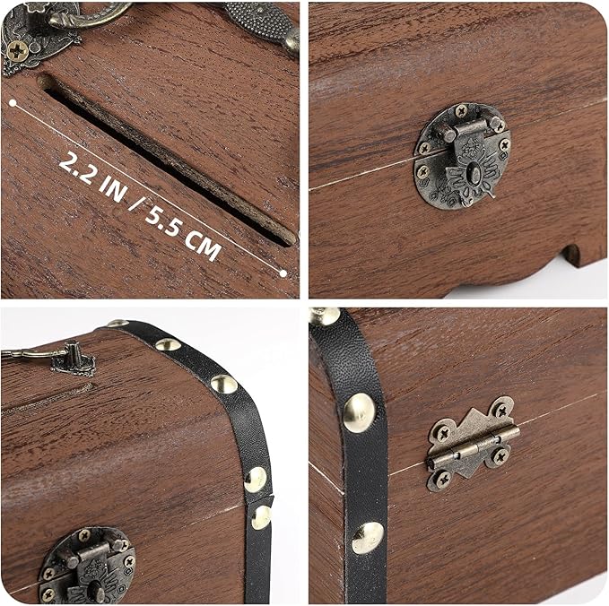 Vintage Piggy Bank Wooden Treasure Chest Decorative Wood Storage Box with Heart-Shaped Lock for Wedding Home Decor