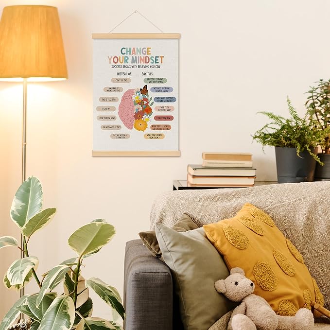 MOTERMATE Boho Growth Mindset Wall Art Poster, Calming Decor, Motivational Canvas Poster Hanger Frame, Homeschool Mental Health Wall Hanging Banner Decor for Classroom, Calming Corner Items, 12x16Inch