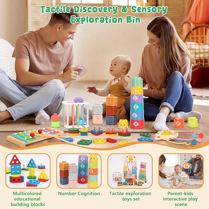 Montessori Baby Toys 6-12 Months Sensory Boxes & Teethers. 6-in-1 Stacking Blocks with Crab Design. Shape Sorting & Sensory Toys for 6-36 Months Babies.
